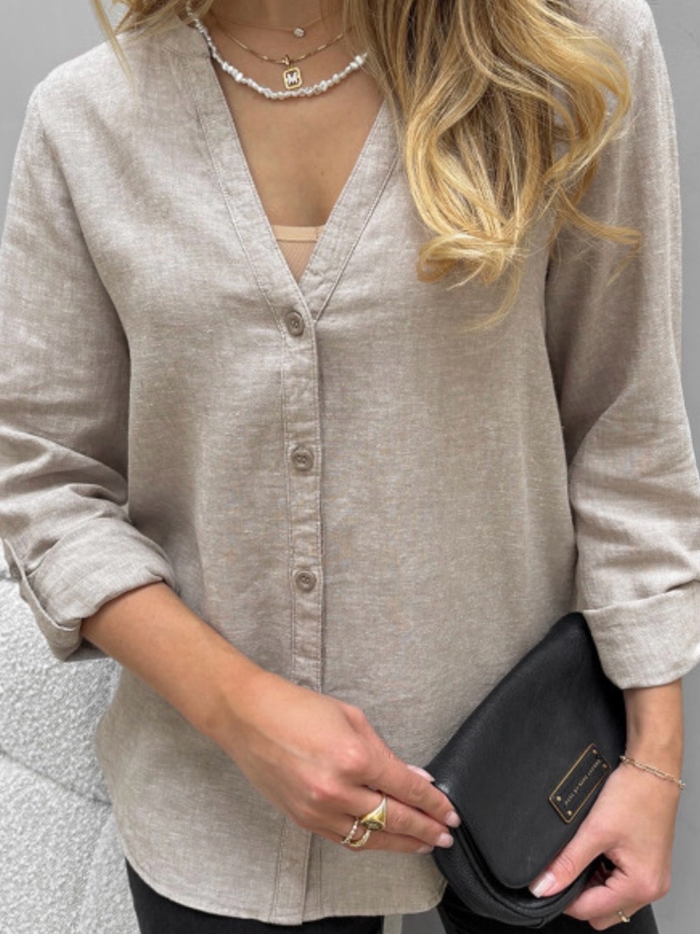 Vero Moda Light Taupe Linen Button-Front Women’s Blouse